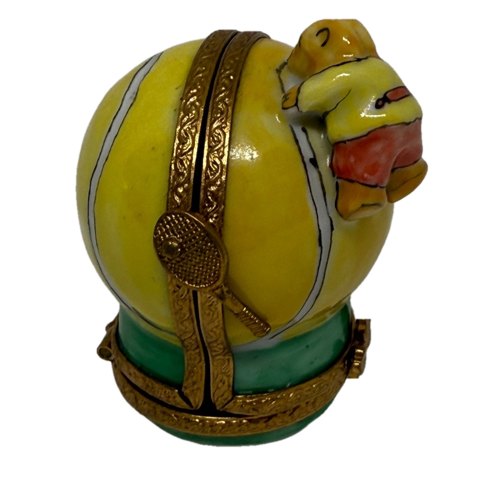 Rare Limoges France Trinket Box – Bear on Tennis Ball, Triple Hinged